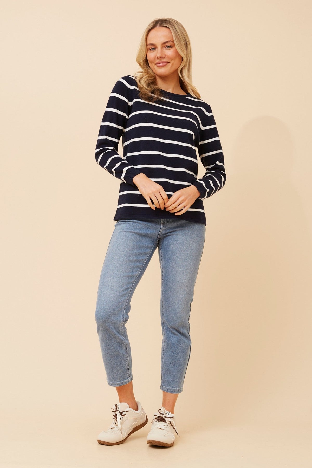 Image of a model wearing Outerwear. Product name - EVEREIGH STRIPE PRINT KNIT PULLOVER in Coffee colour by brand - Caroline Morgan Australia
