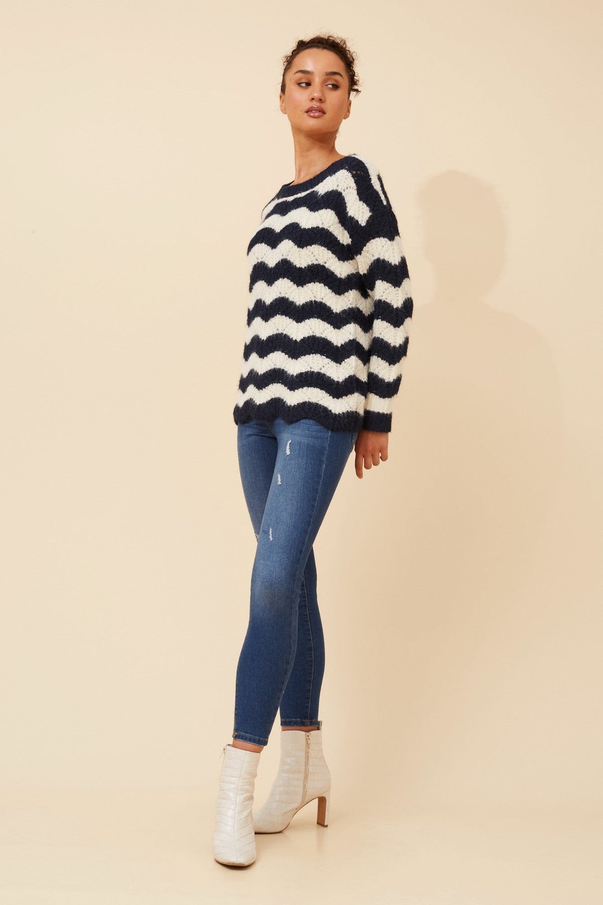 IVETTE STRIPE PRINT KNIT PULLOVER (Chocolate/Cream)