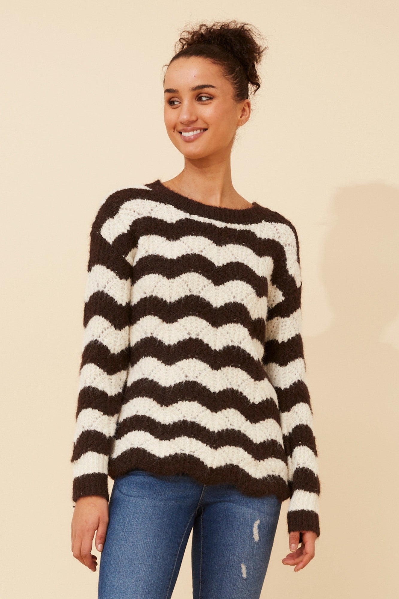 IVETTE STRIPE PRINT KNIT PULLOVER (Chocolate/Cream)