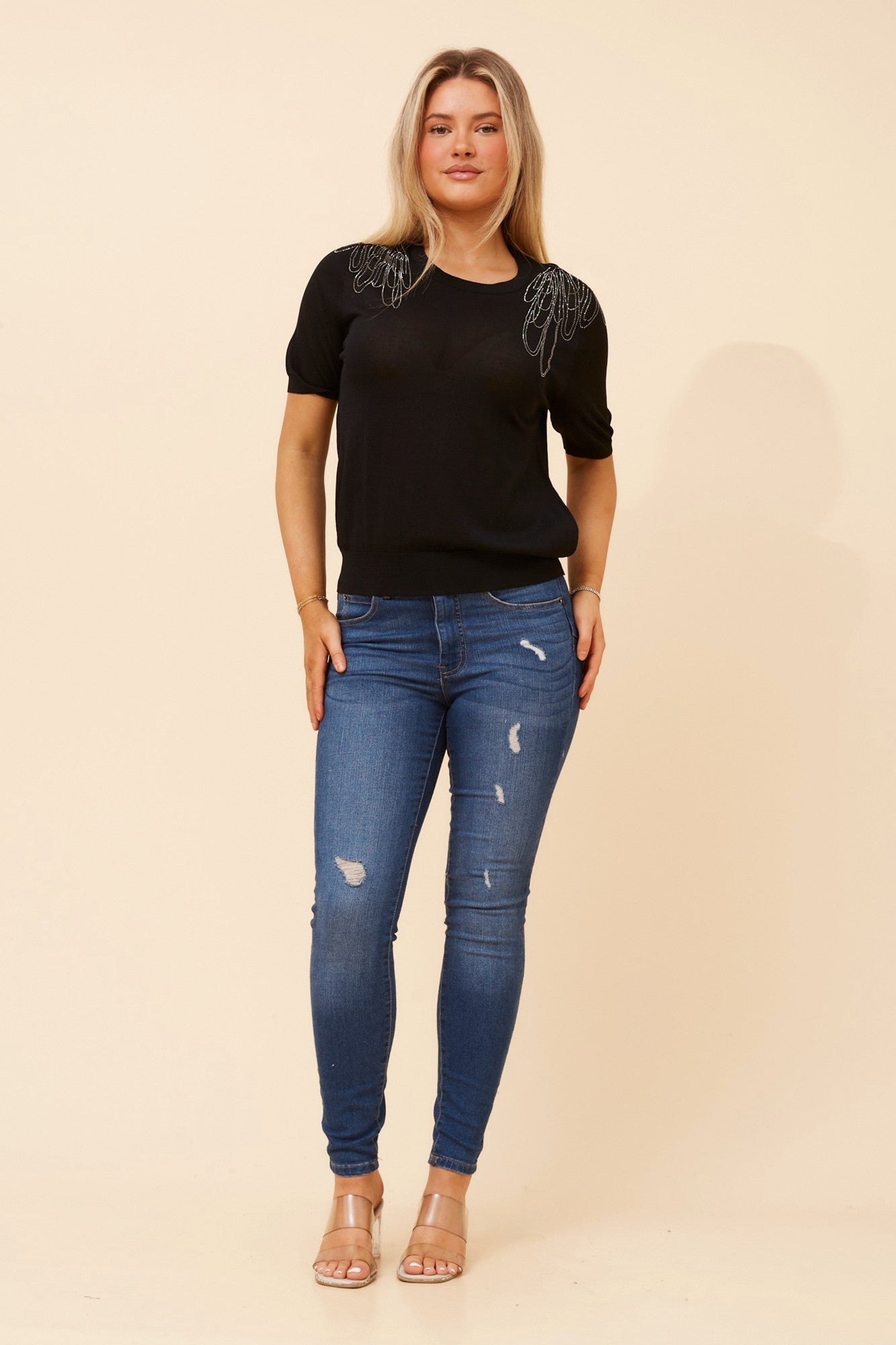 TARAN DIAMANTE KNIT PULLOVER (Black)
