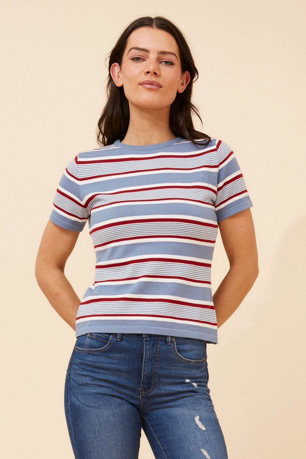 Image of a model wearing Outerwear. Product name - OKSANA STRIPE PRINT KNIT PULLOVER in Blue colour by brand - Caroline Morgan Australia