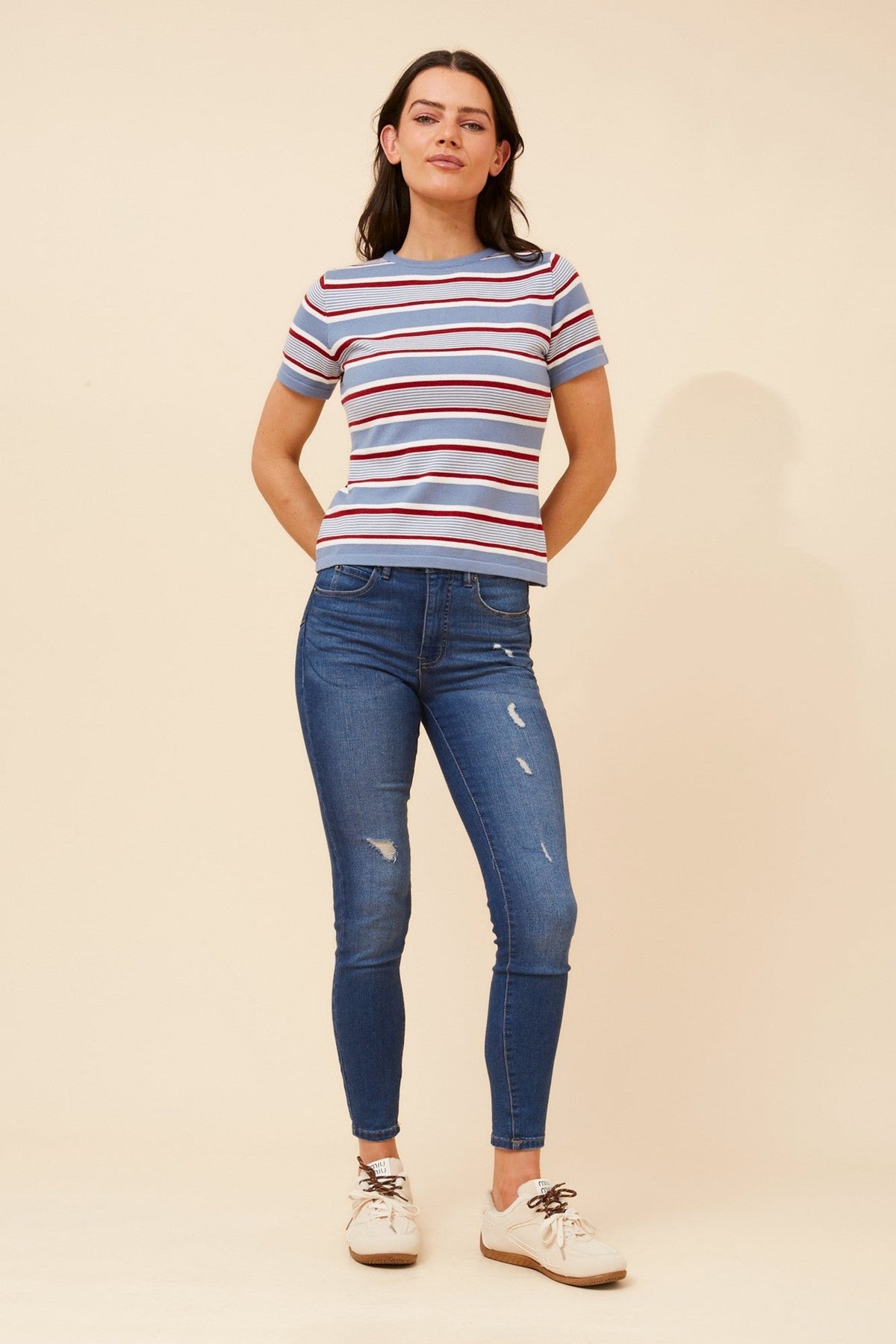 OKSANA STRIPE PRINT KNIT PULLOVER (Blue)
