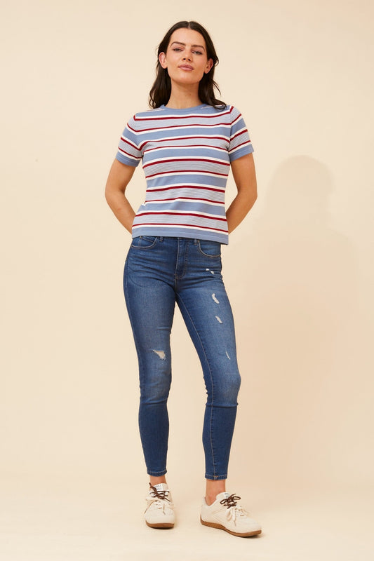 Image of a model wearing Outerwear. Product name - OKSANA STRIPE PRINT KNIT PULLOVER in Blue colour by brand - Caroline Morgan Australia