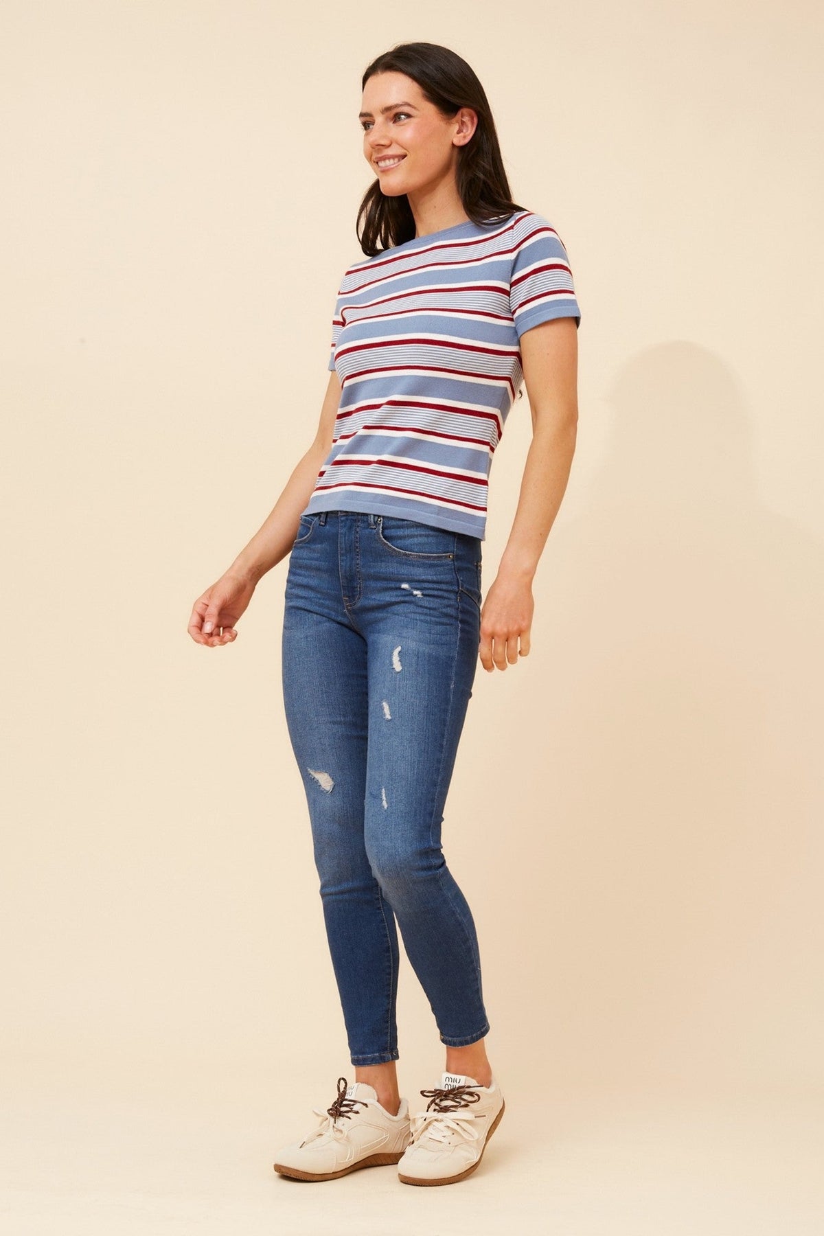 OKSANA STRIPE PRINT KNIT PULLOVER (Blue)