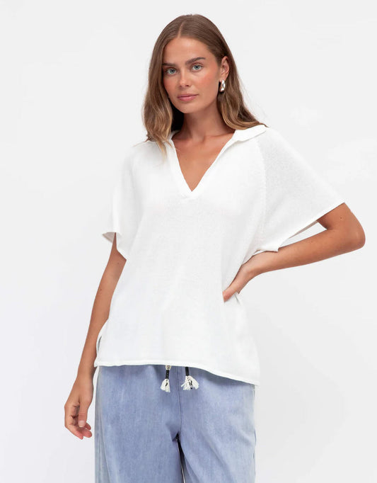 Image of a model wearing Outerwear. Productname: V-Neck Collared Knit Top - in White colour by brand - Label of Love