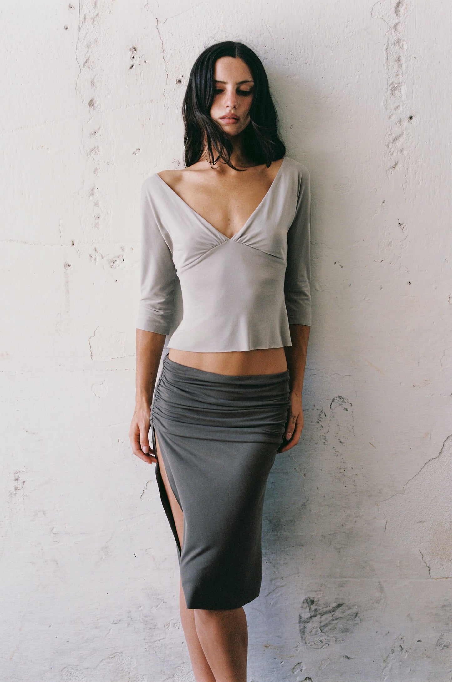 Image of a model wearing Tops. Product name - Lana Top in Stone colour by brand - With Jéan