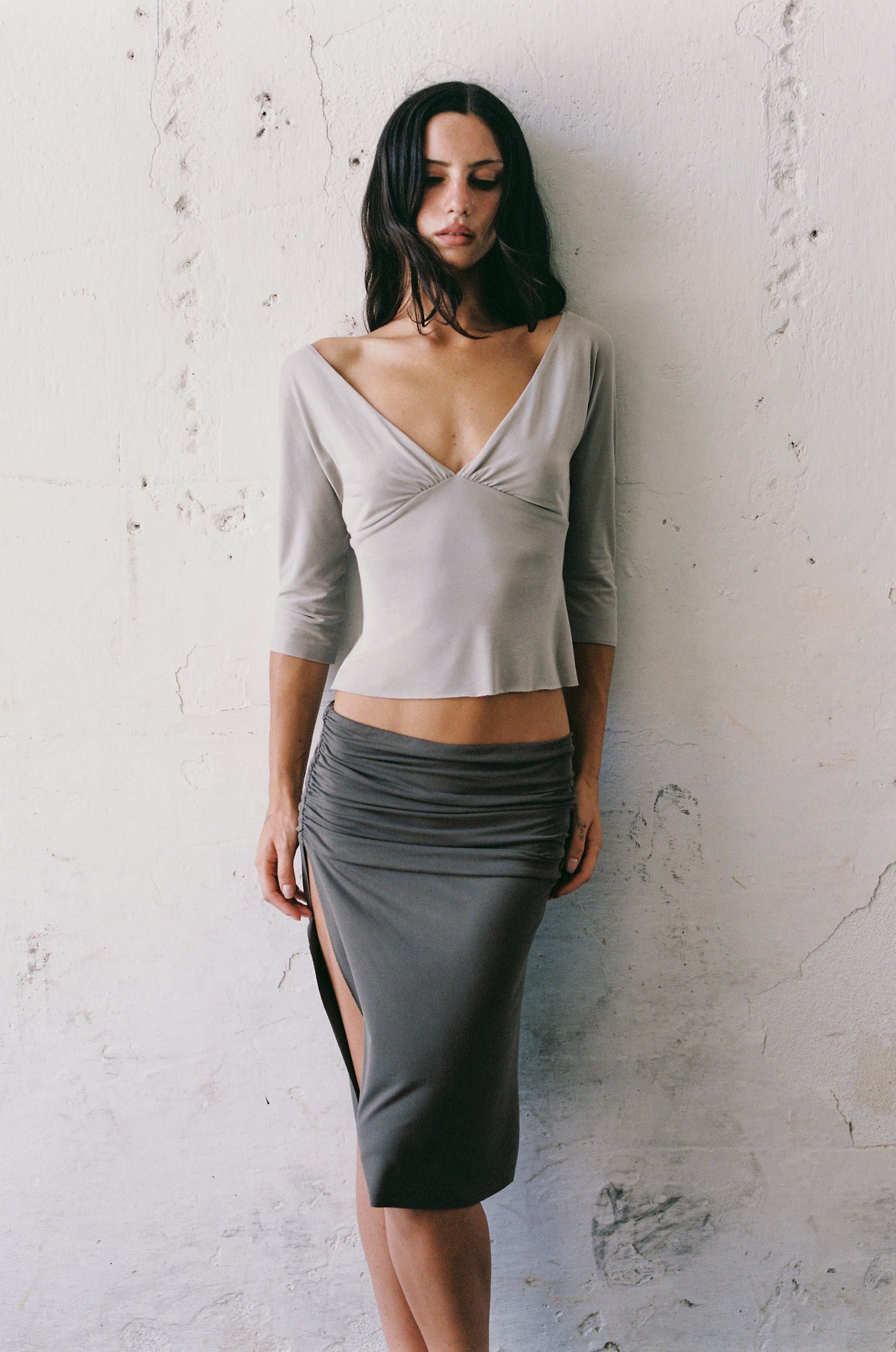Image of a model wearing Tops. Product name - Lana Top in Stone colour by brand - With Jéan