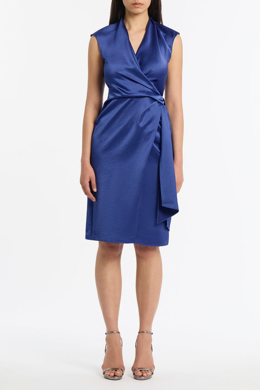 Image of Dresses. Product name - Lapis Lustre Satin Wrap Dress in Blue colour by brand - Carla Zampatti
