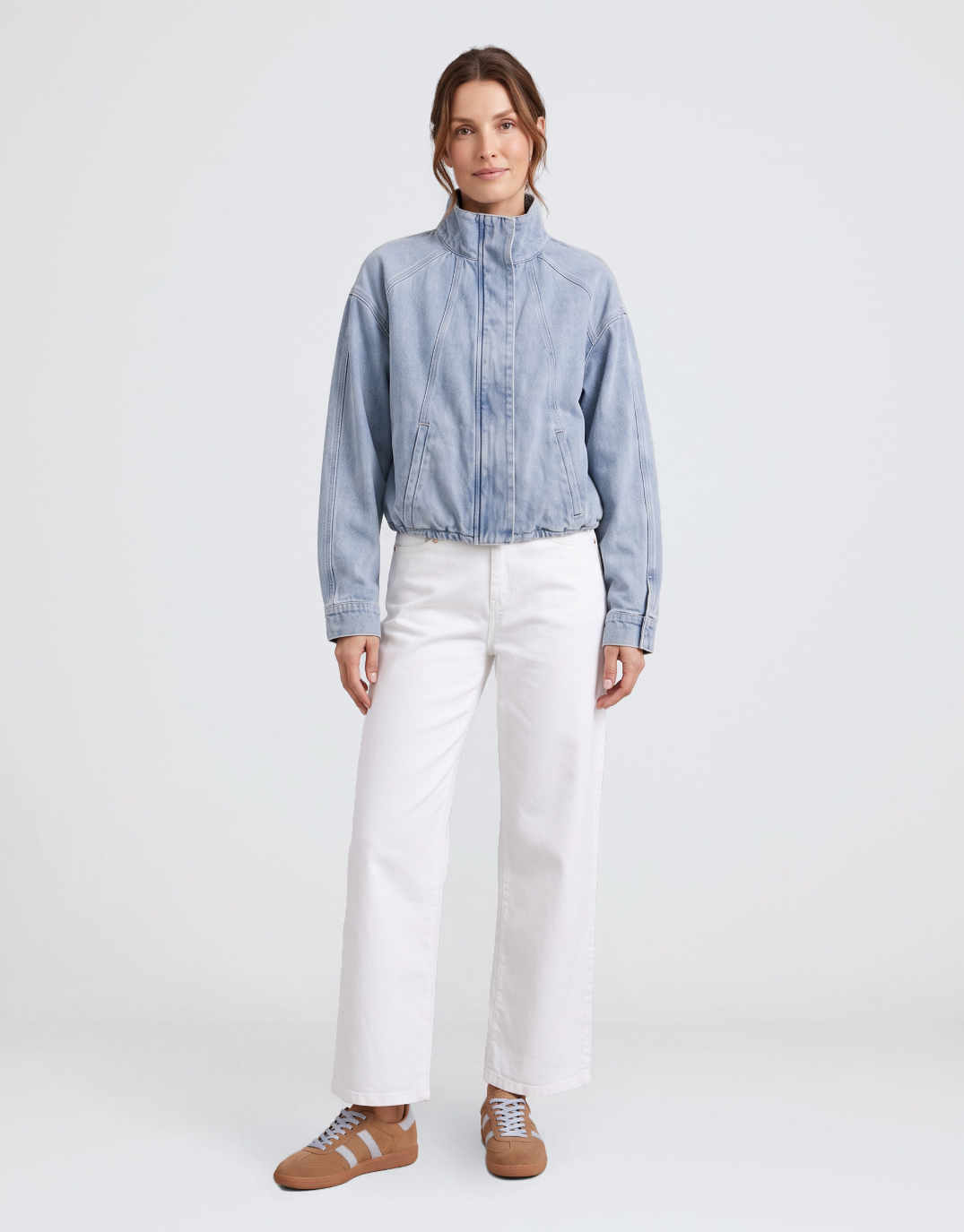 132 Fashion Leni Denim Bomber Jacket (Light Wash Denim)