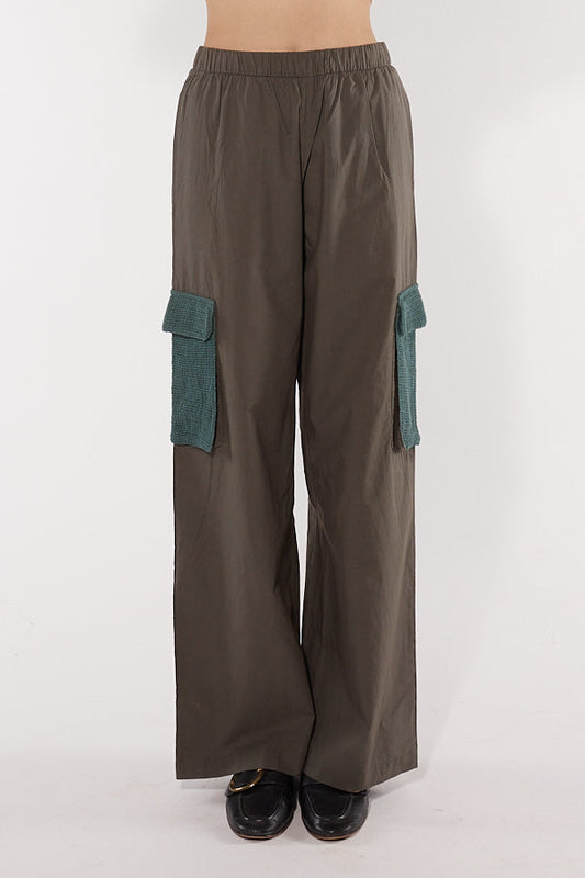 Image of a model wearing Pants. Productname: Itami Crochet Cargo Pant Khaki in Khaki colour by brand - Itami Division