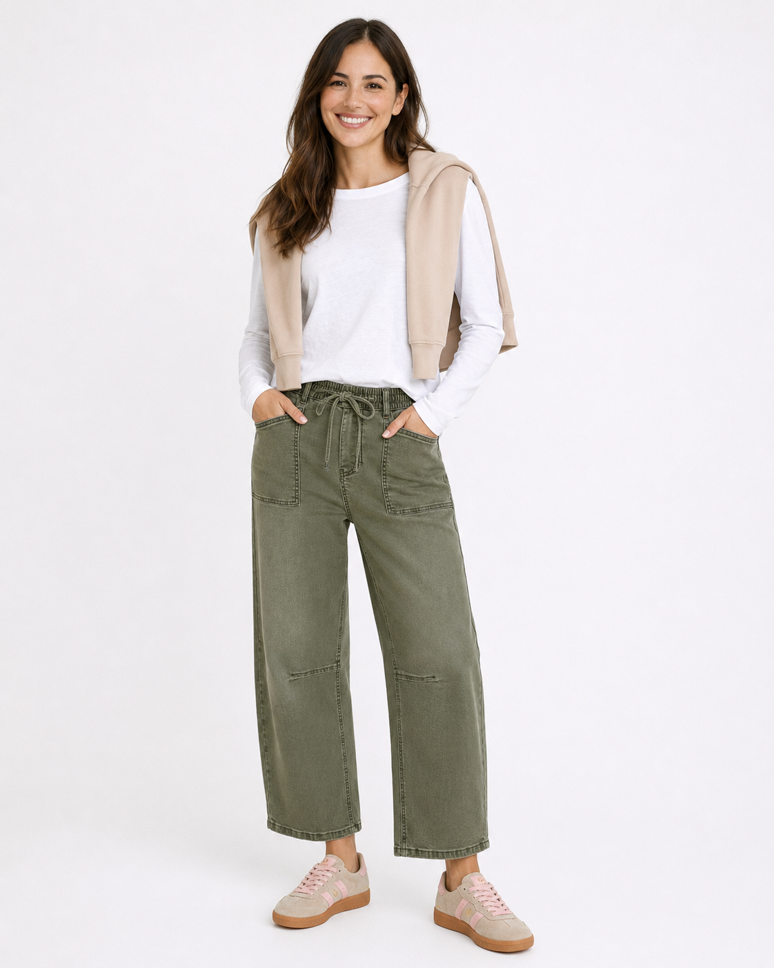 Image of Jeans. Product name - Leo Barrel Jeans Khaki in Khaki colour by brand - Monaco