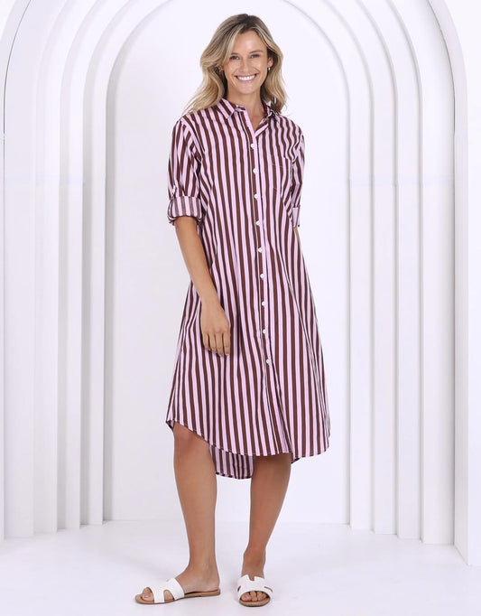 Image of Dresses. Product name - Chelsey Stripe Dress Choc Stripe in Choc Stripe colour by brand - Leoni