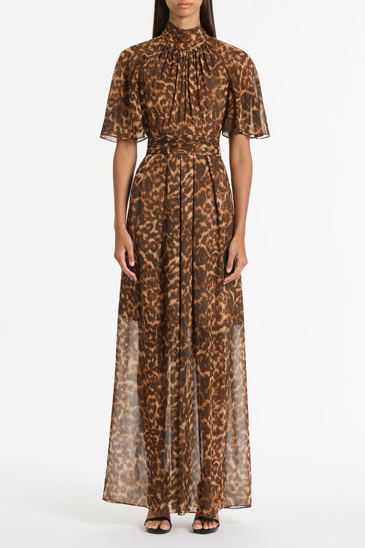 Image of Dresses. Product name - Leopard Silk Maxi Dress in Brown colour by brand - Carla Zampatti