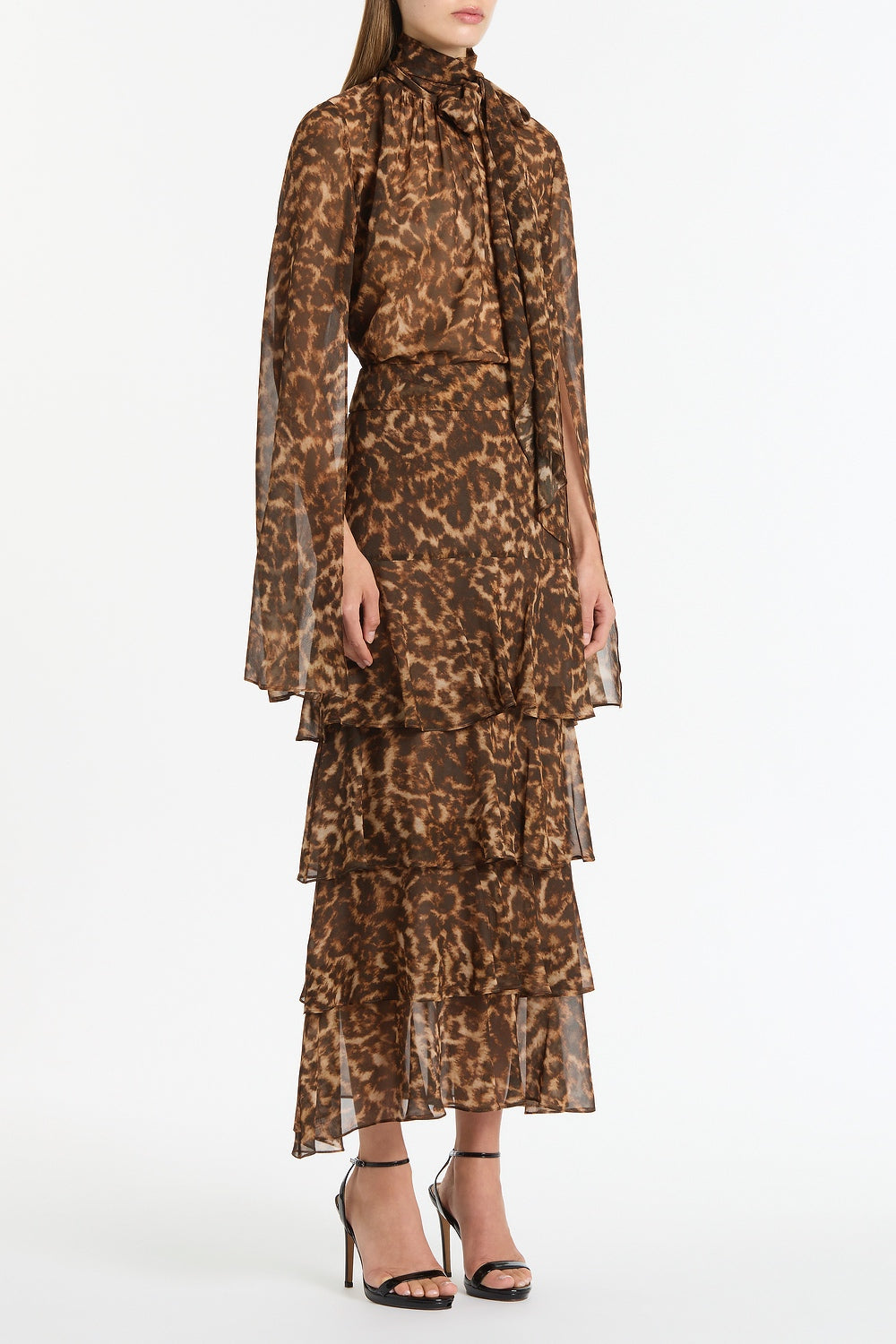 Carla Zampatti Leopard Silk Tiered Maxi Skirt (Brown)
