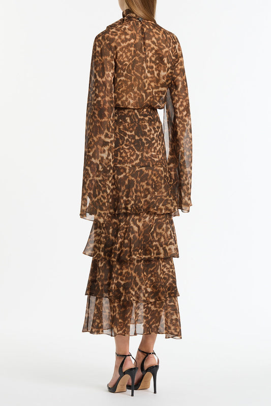 Carla Zampatti Leopard Silk Tiered Maxi Skirt (Brown)