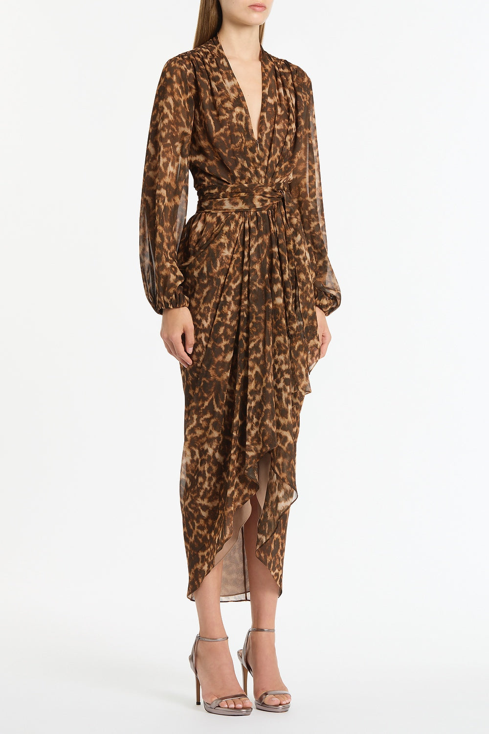 Carla Zampatti Leopard Silk Waterfall Dress (Brown)