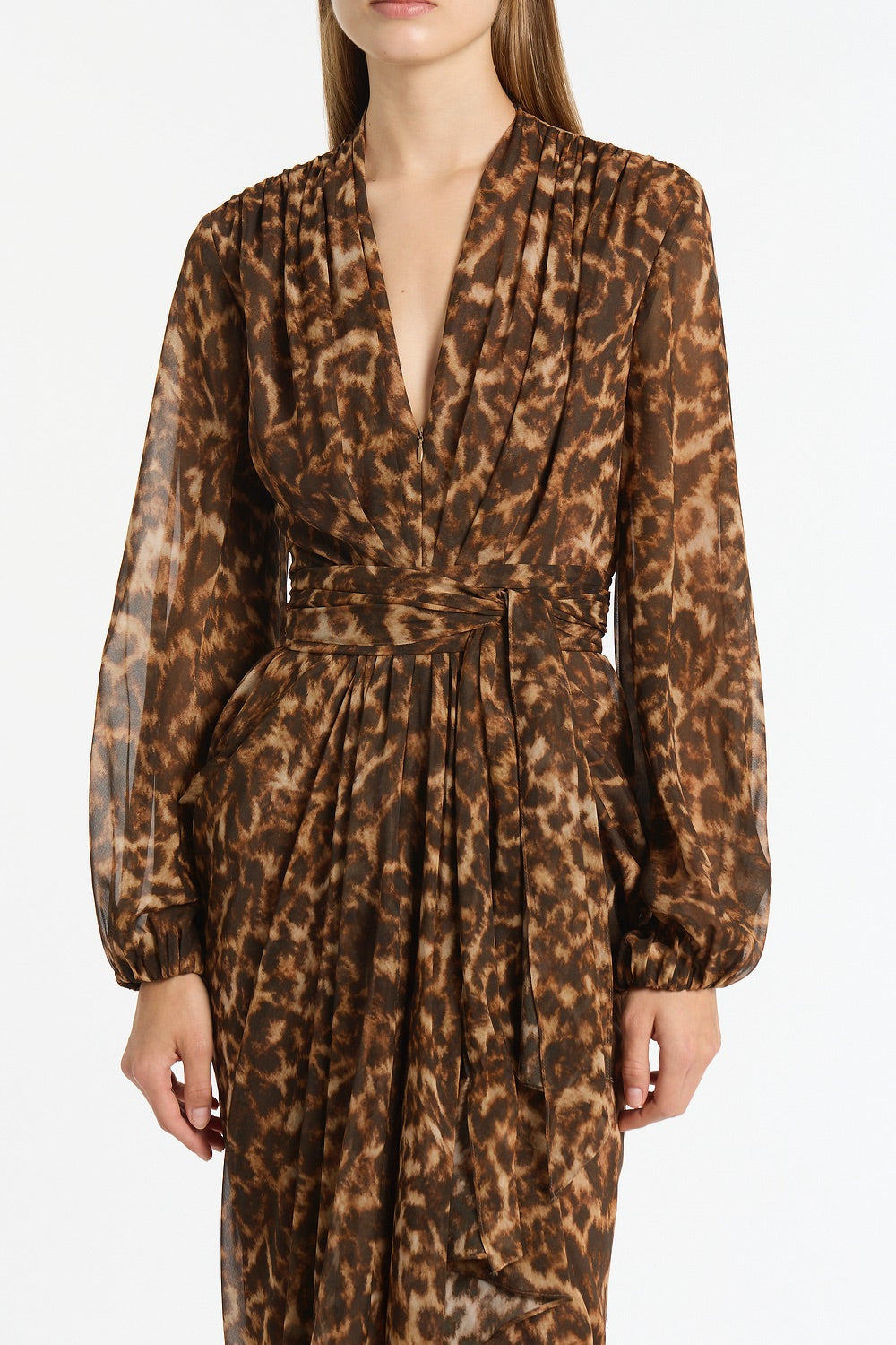 Carla Zampatti Leopard Silk Waterfall Dress (Brown)