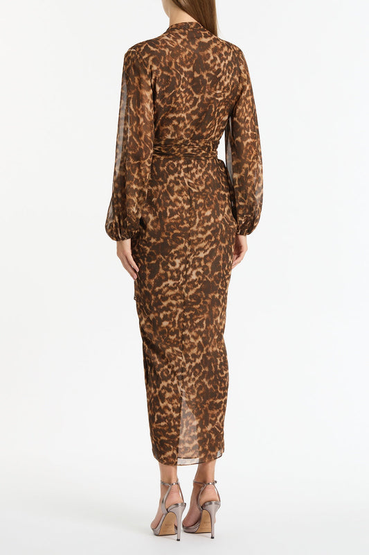 Carla Zampatti Leopard Silk Waterfall Dress (Brown)