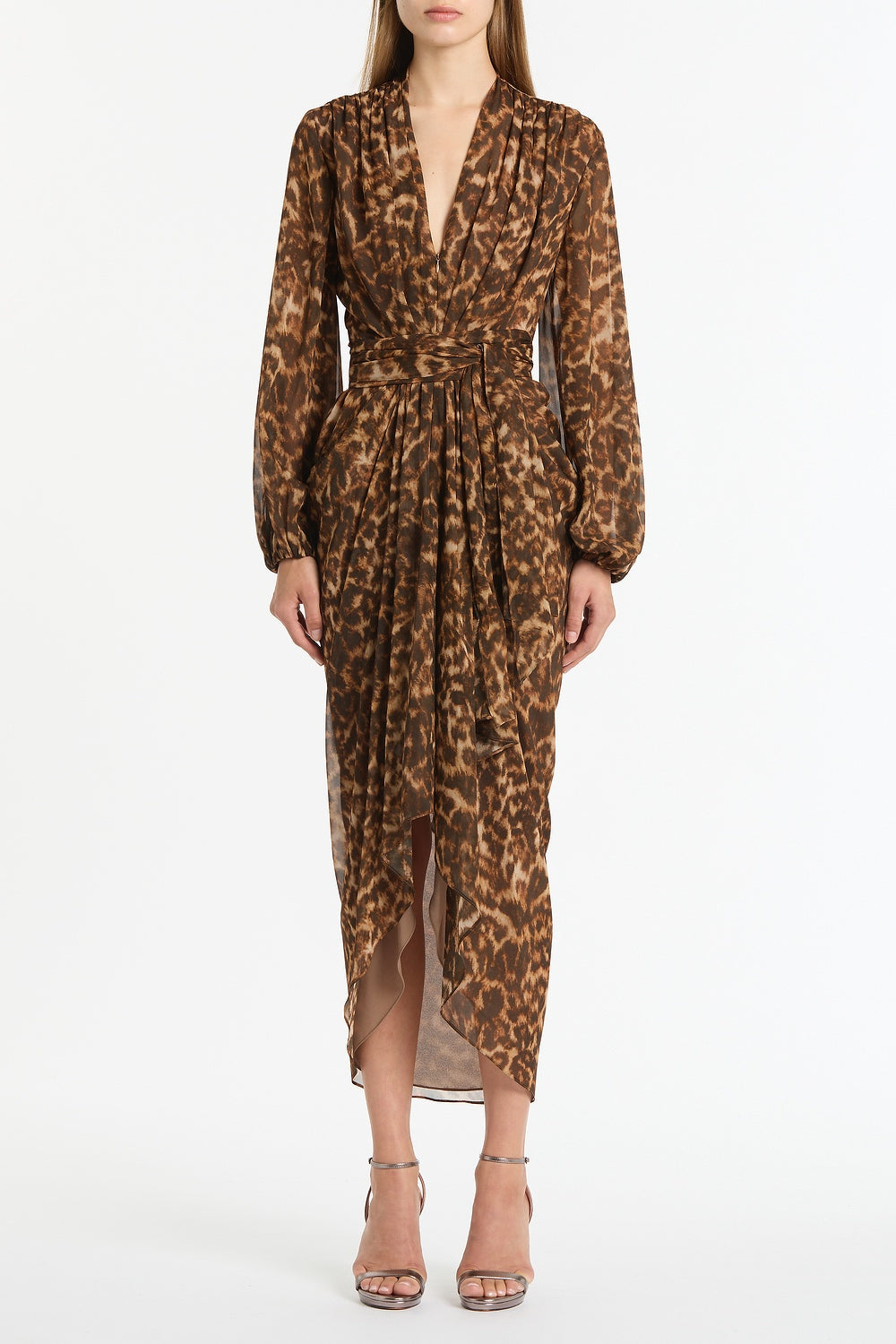 Image of Dresses. Product name - Leopard Silk Waterfall Dress in Brown colour by brand - Carla Zampatti