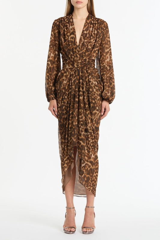 Image of Dresses. Product name - Leopard Silk Waterfall Dress in Brown colour by brand - Carla Zampatti