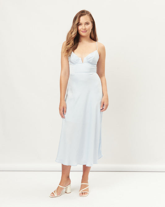 Image of Dresses. Productname: HEYCHIC Lila Sweetheart Plunge Midi Dress in Blue colour by brand - HEYCHIC