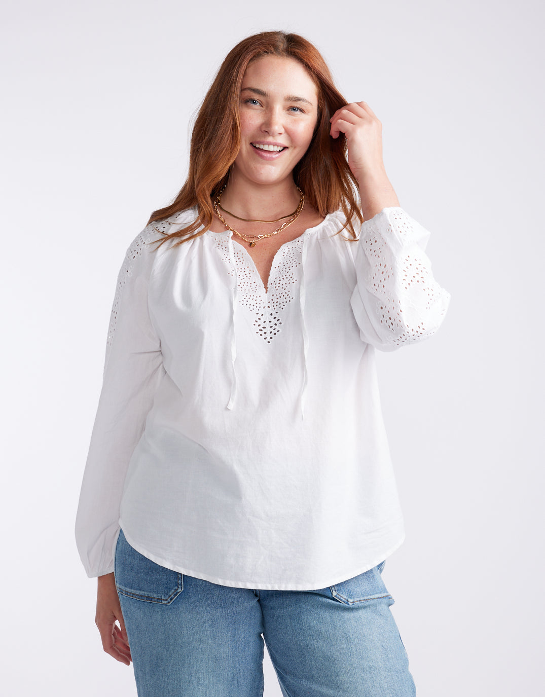 Image of a model wearing Tops. Product name - Liliana Top White in White colour by brand - Foxwood