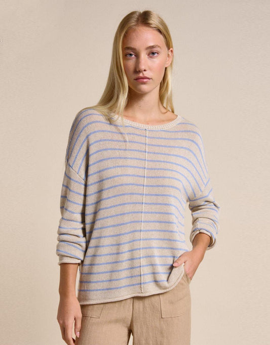 Image of a model wearing Outerwear. Productname: Indi Knit - in Natural/Blue colour by brand - Little Lies