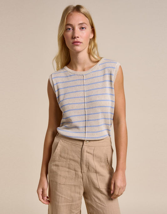 Image of a model wearing Outerwear. Productname: Indi Tank - in Natural/Blue colour by brand - Little Lies