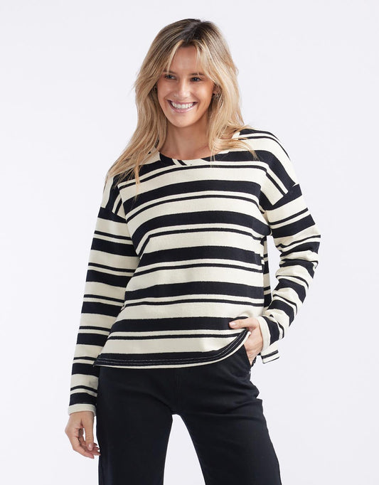 Image of a model wearing Tops. Productname: Isla Stripe Top - in Cream/Black colour by brand - Little Lies