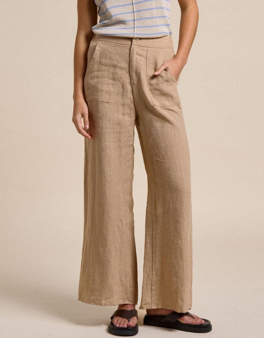Image of a model wearing Pants. Productname: Jude Wide Leg Linen Pants - in Taupe colour by brand - Little Lies