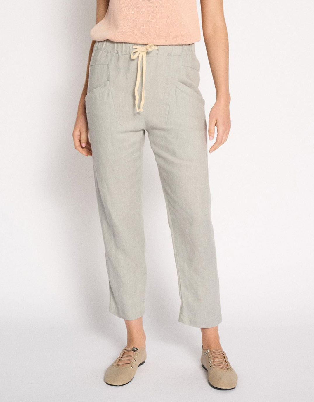 Image of a model wearing Pants. Product name - Luxe Linen Pants Dusty Aqua in Dusty Aqua colour by brand - Little Lies