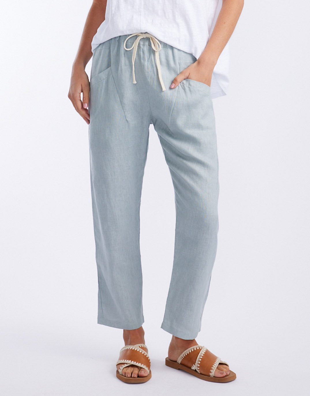 Image of a model wearing Pants. Productname: Luxe Linen Pants - in Dove colour by brand - Little Lies