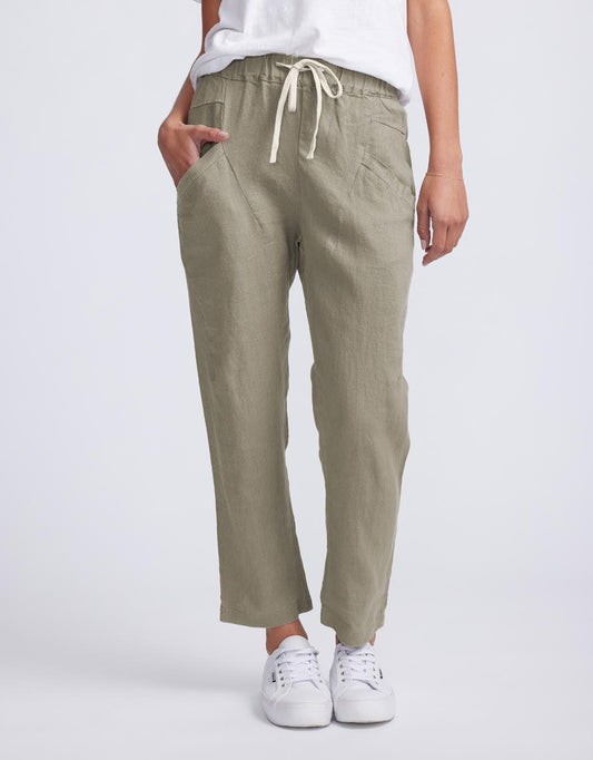 Image of a model wearing Pants. Productname: Luxe Linen Pants - in Khaki colour by brand - Little Lies