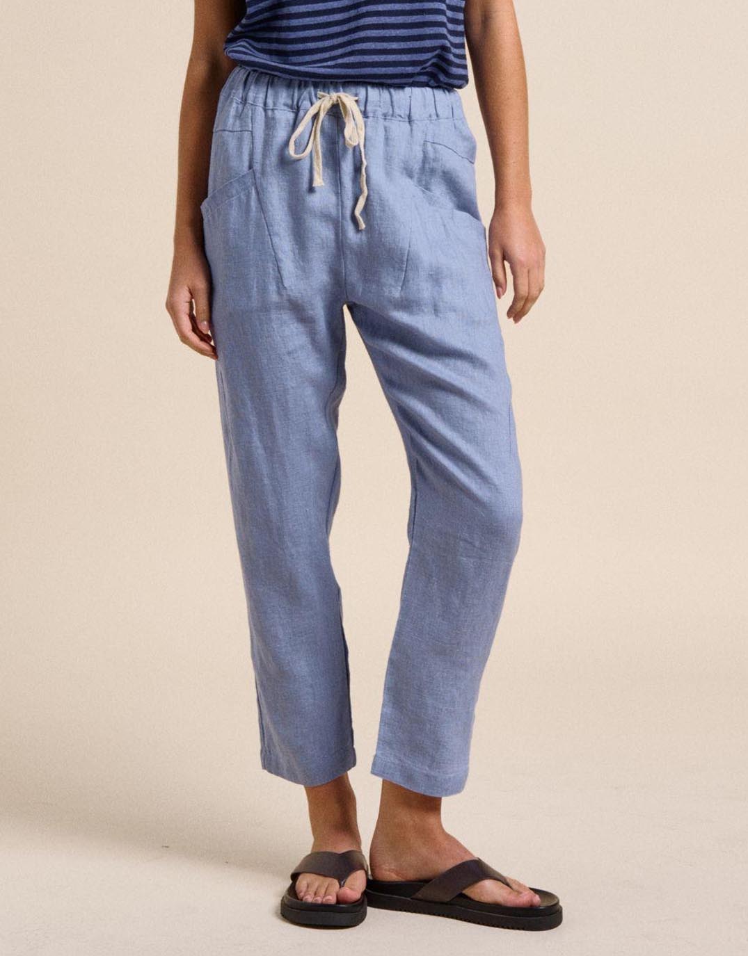 Image of a model wearing Pants. Productname: Luxe Linen Pants - in Nantucket Blue colour by brand - Little Lies
