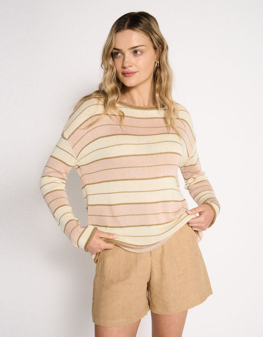 Image of a model wearing Outerwear. Product name - Solene Stripe Knit Dusty Pink in Dusty Pink colour by brand - Little Lies
