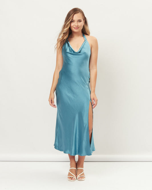 Image of Dresses. Productname: HEYCHIC Lola Cowl Halter Neck Midi Dress in Blue colour by brand - HEYCHIC