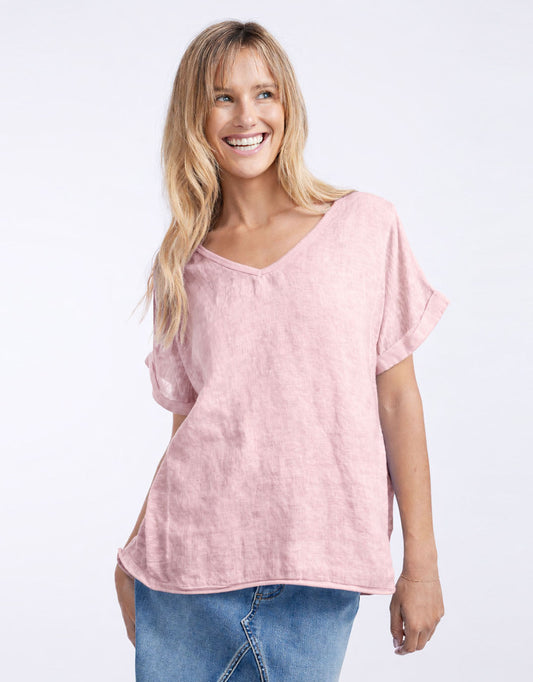 Image of a model wearing Tops. Productname: V Neck Calypso Linen Short Sleeve Top - in Pink colour by brand - Love from Italy
