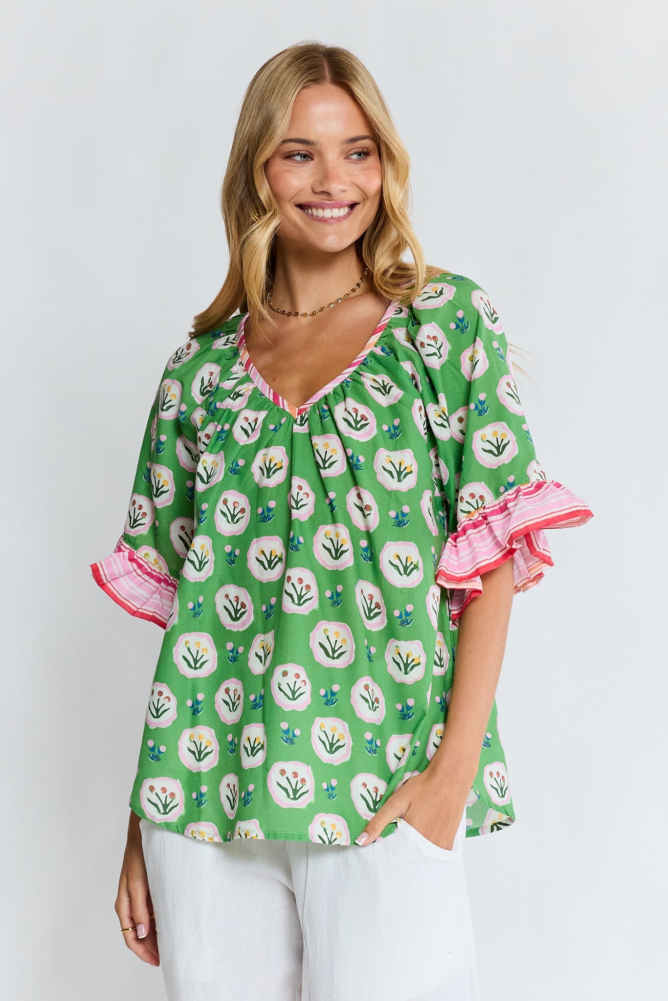 Image of a model wearing Tops. Product name - LulaLife Beth Top Fern in Fern colour by brand - Lulalife