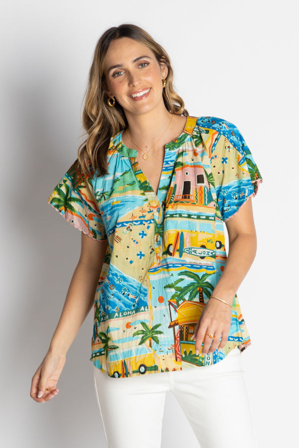 Image of a model wearing Tops. Product name - LulaLife Caleta Top Print in Print colour by brand - Lulalife