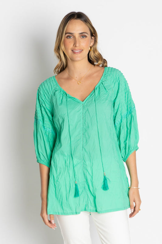 Image of a model wearing Tops. Productname: LulaLife Celeste Top Sea in Sea colour by brand - Lulalife