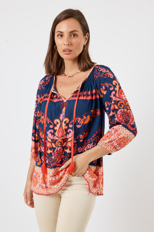 Image of a model wearing Tops. Product name - LulaLife Enid Top Navy in Navy colour by brand - LulaLife