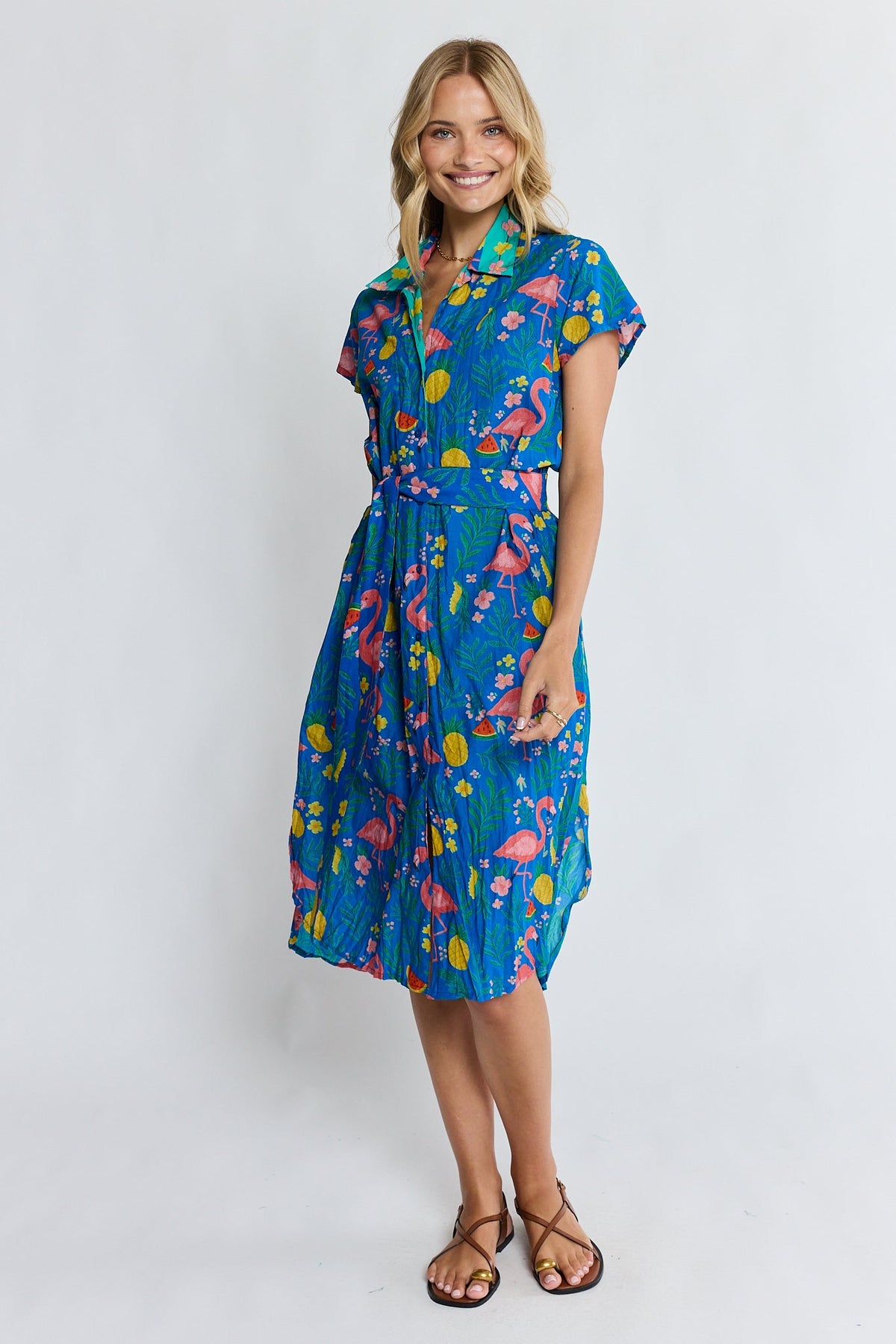 Image of Dresses. Product name - PRE SALE | LulaLife Flamingo Shirtdress Azure in Azure colour by brand - Lulalife