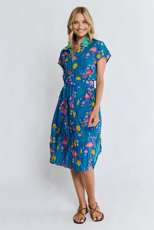 Image of Dresses. Product name - PRE SALE | LulaLife Flamingo Shirtdress Azure in Azure colour by brand - Lulalife
