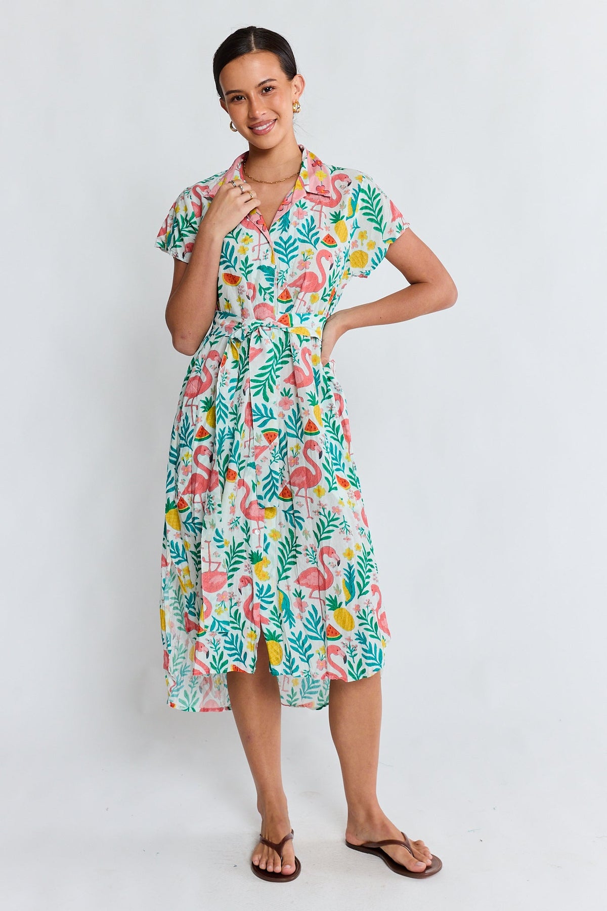 Image of Dresses. Product name - PRE SALE | LulaLife Flamingo Shirtdress White in White colour by brand - Lulalife