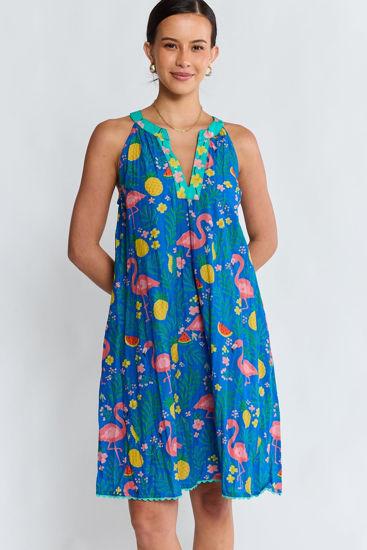 Image of Dresses. Product name - PRE SALE | LulaLife Flamingo Sundress Azure in Azure colour by brand - Lulalife