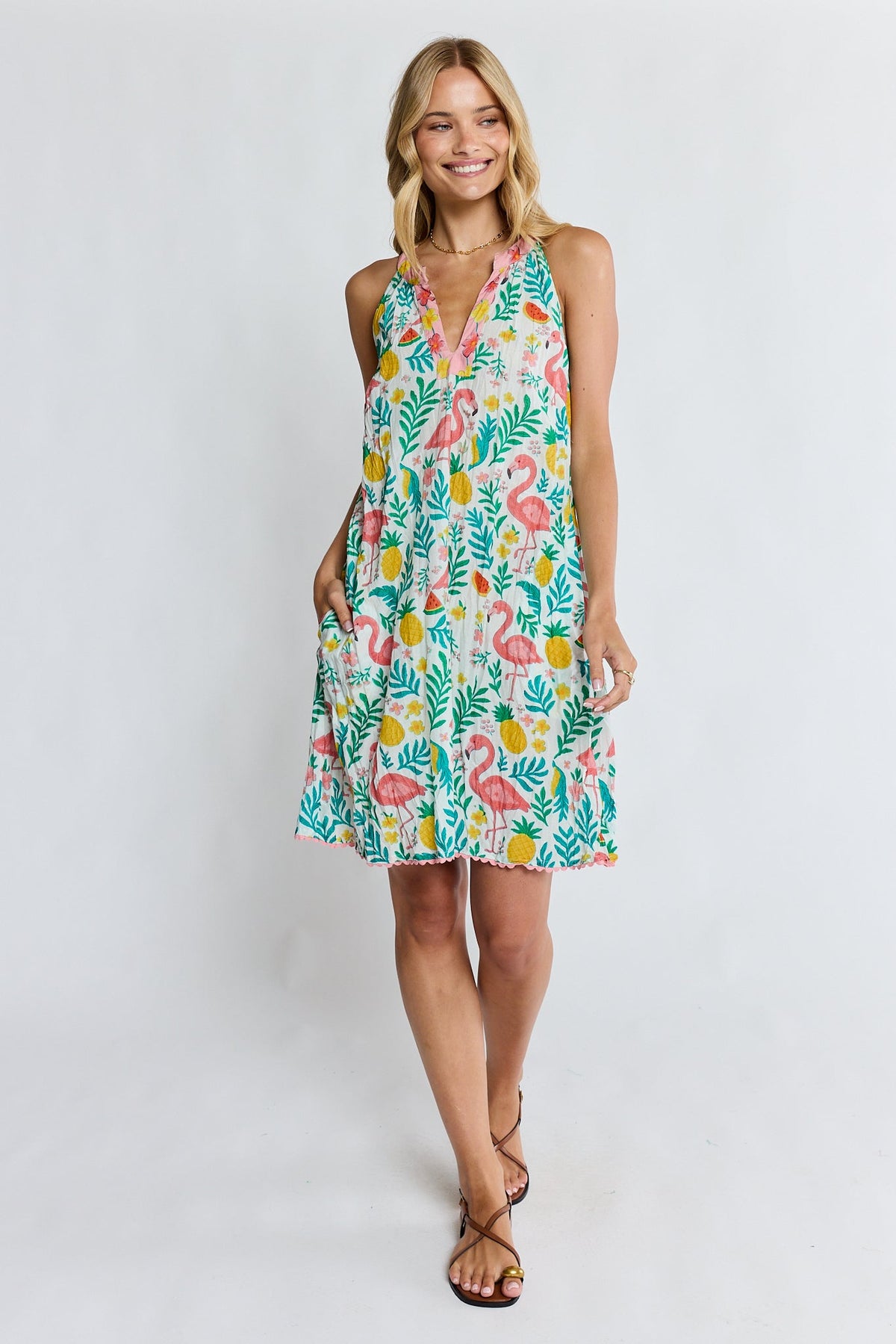 Image of Dresses. Product name - PRE SALE | LulaLife Flamingo Sundress White in White colour by brand - Lulalife