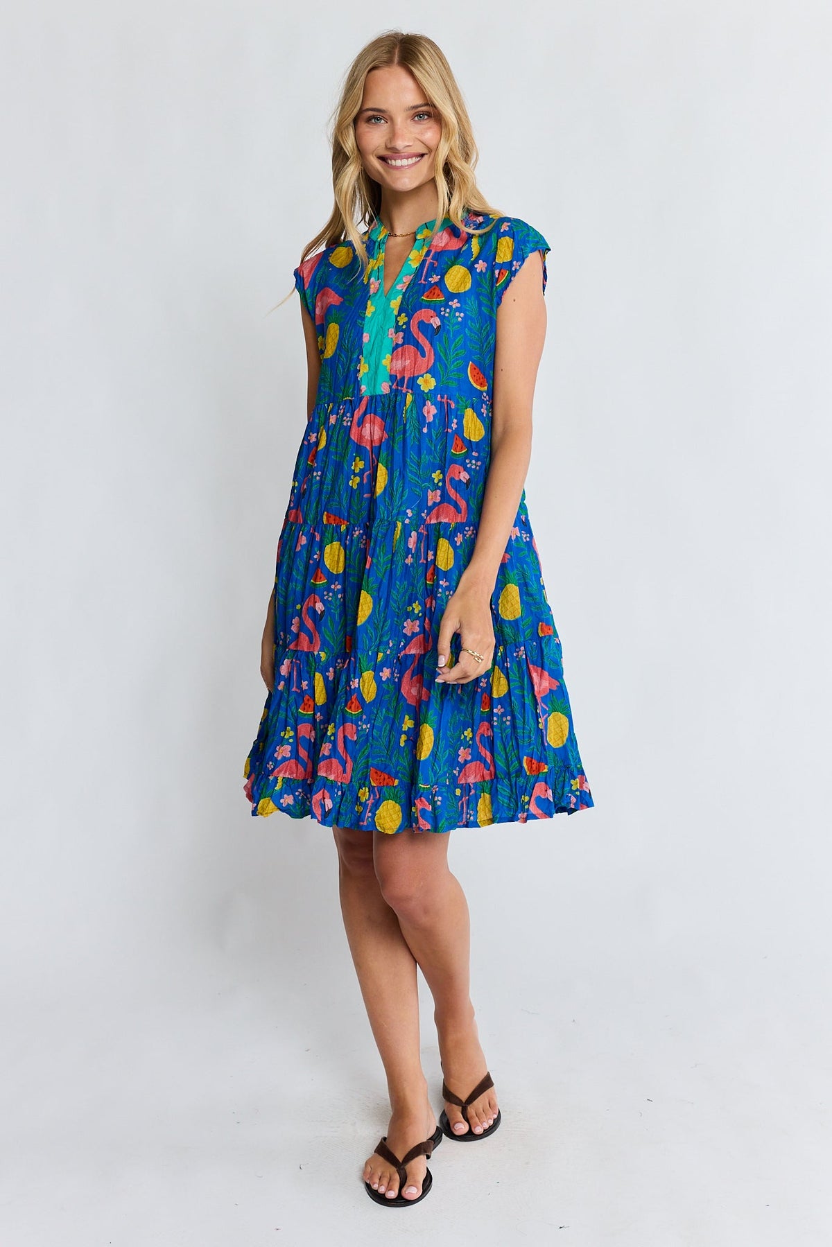 Image of Dresses. Product name - PRE SALE | LulaLife Flamingo Tier Dress Azure in Azure colour by brand - Lulalife