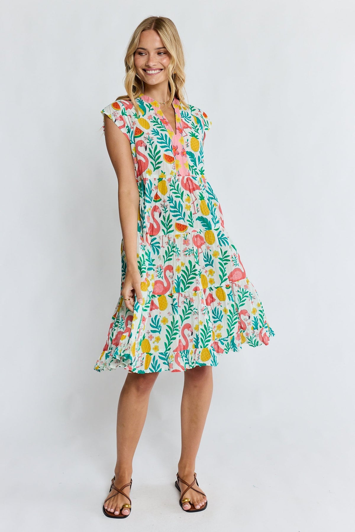 Image of Dresses. Product name - PRE SALE | LulaLife Flamingo Tier Dress White in White colour by brand - Lulalife