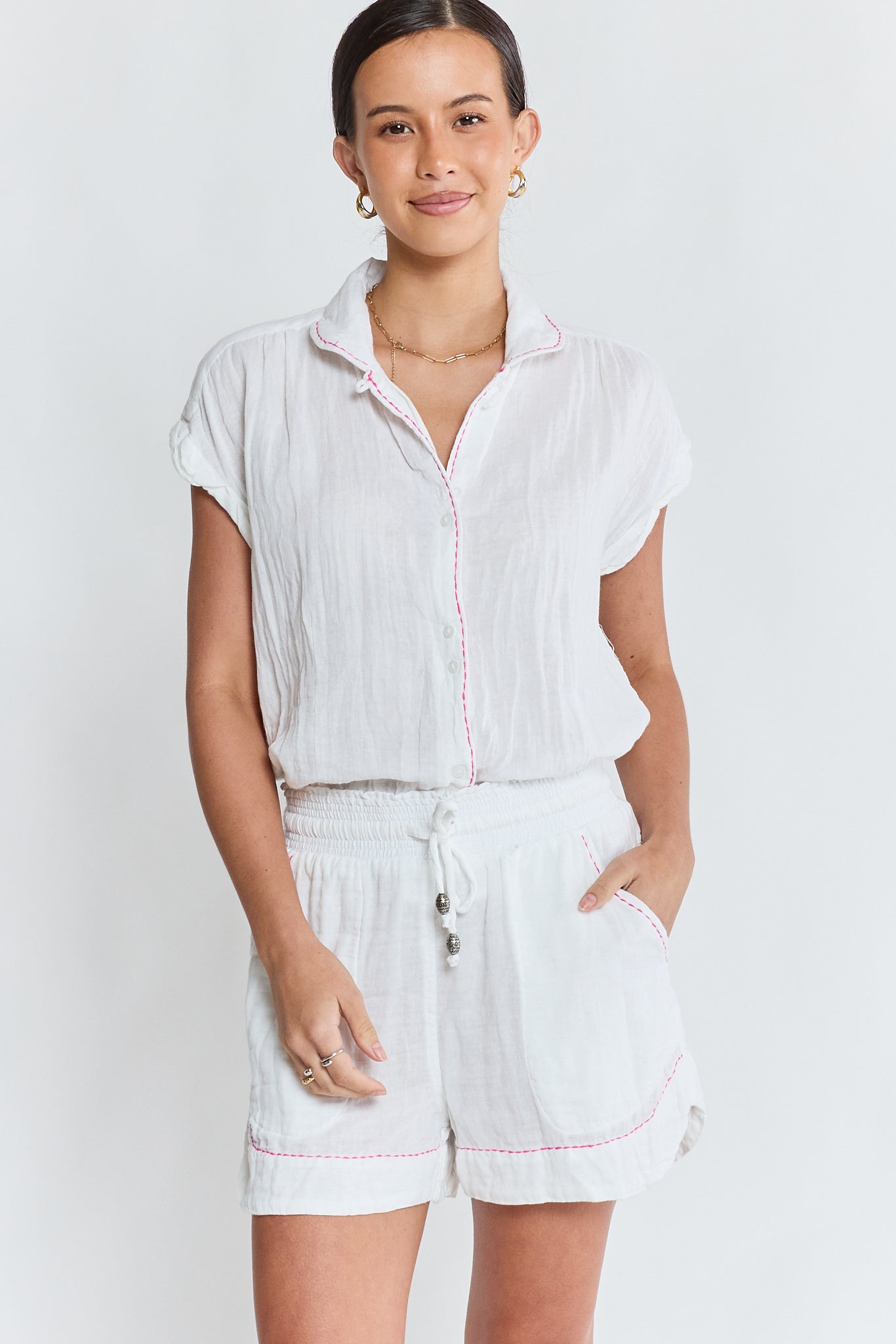 Image of a model wearing Shorts. Product name - LulaLife Florida Short White in White colour by brand - Lulalife