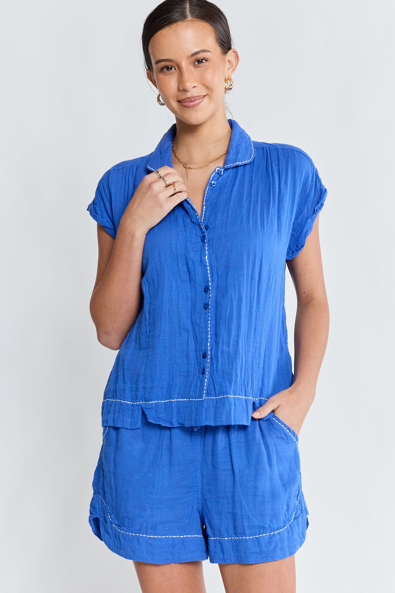 Image of a model wearing Shorts. Product name - LulaLife Florida Short Azure in Azure colour by brand - Lulalife